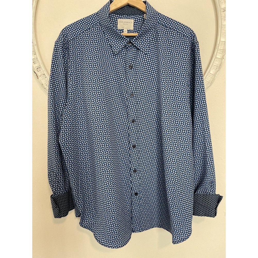 Con.Struct‎ 4 Way Stretch Dress Shirt Mens XL Slim Fit Blue Geometric Flip Cuff